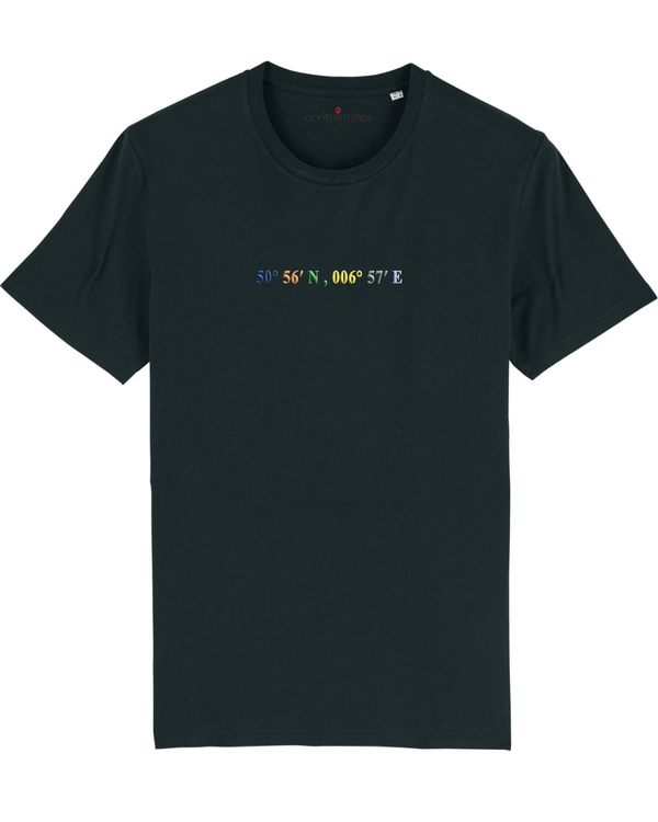 Personalisierbares T-Shirt mit Koordinaten in Schwarz mit buntem Stick für Herren und Damen